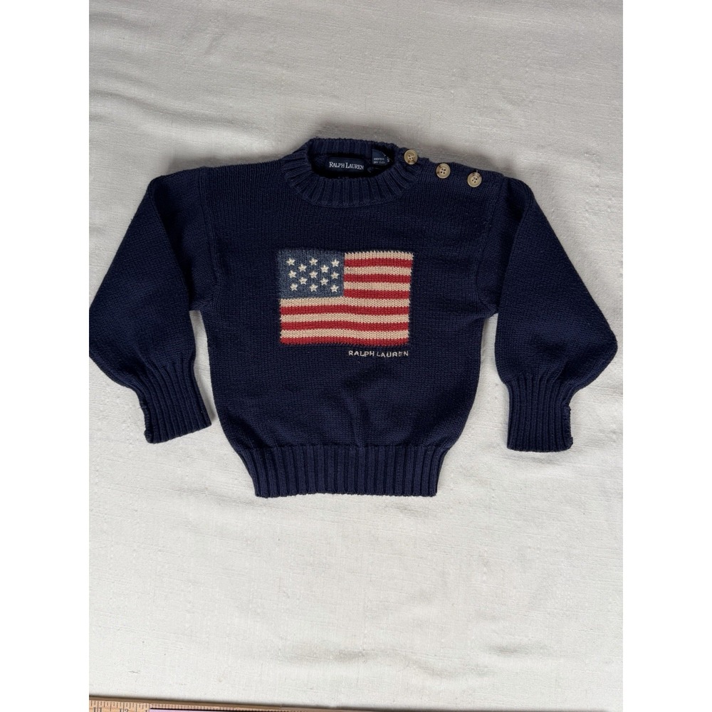Vtg Ralph Lauren Toddler American Flag Sweater Navy Cotton L/XL Shoulder Button
